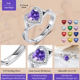 MYBELLNA 925 Sterling Silver Birthstone Rings for Women Love Heart Eternity Band Ring Adjustable Open Heart Ring for Women Girls Her Mother's Day Gift