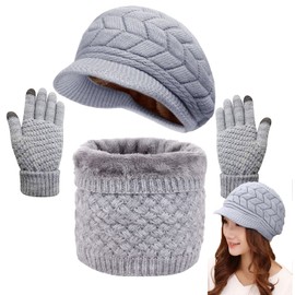 Joligiao Winter Hat Scarf and Gloves Set Women's Knitted Beret Hat Warm Thermal Neck Warmer Touchscreen Gloves 3 in 1 Crochet Set Winter Outdoor Sports (Grey,One size)