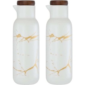 VollfitYYu Marmor Optik Keramik Ölspender 2er Set Ölflasche Essigspender 380ml Olivenöl Behälter Öl Essig Spender für Küche Restaurant BBQ (Weiß)
