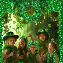 Brizled 2 Pack St Patricks Day Tinsel Shamrock Garland String Lights Battery Operated with Timer, Lighted Green Metallic Twist St Patrick's Day Garland lights for Door Stairs Fireplace Decorations
