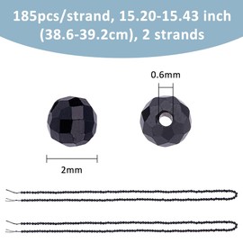 Hobbspring 2 Strands Natural Black Tourmaline Beads Strands 2mm Faceted Gemstone Beads About 370Pcs Round Loose Beads Mini Gemstone Spacer Beads Small Beads Strands for Bracelet Necklace Earring