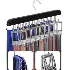 20 Hooks Belt Tie Hanger Space Saving for Closet, 2 IN 1 Belt Ties Racks Max 30 Belts with 30 Ties Capacity, Curved with Flat Hooks for Belts, Ties, Bras,Tanks Tops Closet Organizers and Storage Black