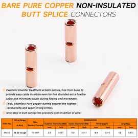 SVAAR 26-22 Gauge Non-Insulated Butt Connectors 100 PCS Butt Splice Connectors 26-22 AWG Uninsulated Crimp Wire Connectors 0.5mm² Butt Splice Bare Pure Copper Crimp Butt Terminals
