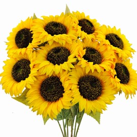 Mutcolor 10 Pcs Sunflowers Artificial Flowers with Long Stems Silk Fake Large Sunflowers Bouquet Faux Sunflower Arrangement for Outdoor Indoor Home Vase Table Wedding Party Garden DIY Decor (Yellow)