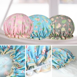 1 Pack Shower Cap for Women, Oil-proof Caps, Double Layers Waterproof Reusable Bath Caps With Ruffled Edge Covering for Girls, Women, Ladies, Kids (Pink Flamingo)