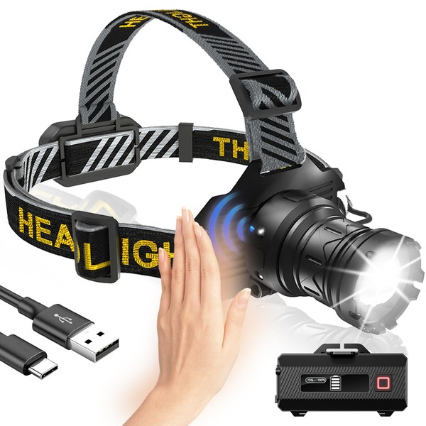 Ultra-Bright 180,000 LM Headlamp, 9 Modes, Motion Sensor, Red Warning