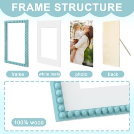 Qunclay 8 x 10 Wooden Beaded Picture Frame Set of 2 Boho Photo Frame with Mat for 5 x 7 Blue Boho Farmhouse Vintage Rustic Wall and Tabletop Display for Decorative Birthday Wedding Friend Gift