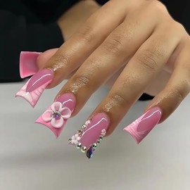 Pink Duck Nails Medium Length French Tip False Nails Duck Nails Press on Gemstone Designs Fake Nails 3D Flower Stick on Nails Full Cover Glue on Nails Gradient Acrylic Nails for Women Nails DIY
