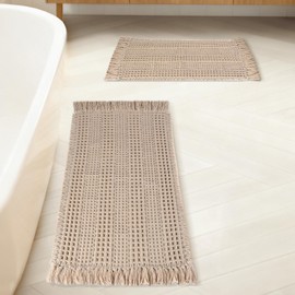 Waffle Bath Mat Set of 2, Absorbent Waffle Bathroom Rug with Tassels, Non Slip Bath Mats for Bathroom Floor, Ultra Soft Boho Bath Mat, Quick Dry Shower Mat, Machine Washable, 17"×24" & 18"×30", Khaki