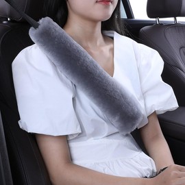 OGLAND 2 Pack 13.4inch Big Plush Soft Wool Sheepskin Seat Belt Cushion, Fluffy Seatbelt Cover Pad for Pacemaker Adults Kids Women Universal Auto Accessory, Misty Gray