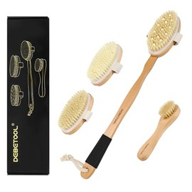 DEBETOOL Dry Brush Set for Body & Face - Dry Brushing Body Brush with Long Handle & 3 Replacement Heads (Soft/Medium/Firm) for Lymphatic Drainage Cellulite