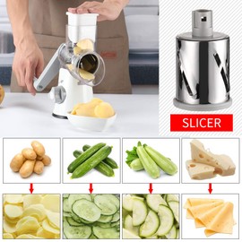 Ourokhome Cheese Grater Vegetable Slicer - Rotary Round Drum Grater Chopper with 3 Stainless Steel Drums Strong Suction Base