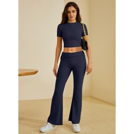 COPYLEAF Two Piece Lounge Sets for Women Fold Over Flare Pants Short Sleeve Crop Top Y2k Outfits Matching Set Tracksuit(Navy Blue L)