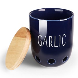 Ceramic Garlic Keeper for Counter, Garlic Saver Container with Wood Lid, Garlic Keeper for Kitchen, Garlic Holder to Keep Your Garlic Cloves Fresh Longer (Navy)