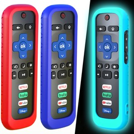 3 Pack Remote Case for Roku, Battery Cover for TCL Smart TV Steaming Stick, Silicone Protective Controller Universal Sleeve Skin Glow in The Dark Blue Red and Sky