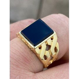 Men's 14k Gold Over Real Solid 925 Sterling Silver Ring - Natural Black Onyx Ring - Rectangular Hip Hop Large Ring - Gorgeous Pinky Ring (10)