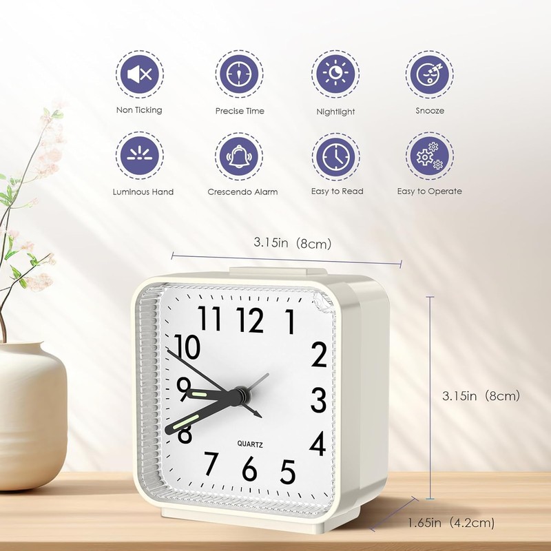 Analog Alarm Clocks, Non Ticking Table Clock with Luminous Hand