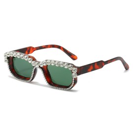 YAMEIZE Rectangle Rhinestone Sunglasses for Women - Men Vintage Diamond Bling Sunglasses Sparkling Sun Glasses for Party Punk, Leopard Green