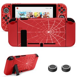 JINGDU Switch Protective Case for Switch 2017 NS, Dockable Soft TPU Switch Protector, Slim Shock-Absorption Anti-Scratch Switch Cover for Switch NS with Thumb Grips Caps (Cobweb-Red)