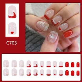 Christmas Silver Glitter Elk False Nails Red Santa Hat French Tip Press on Nails Short Square Xmas Glue on Nails Glossy Winter Christmas Acrylic Fake Nails for Women Girls