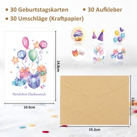 30 Birthday Cards | Birthday Greeting Cards with Kraft Envelopes | Set of Congratulations Cards Happy Birthday with 30 Different Designs | Watercolour Folding Cards Birthday for Family Friends