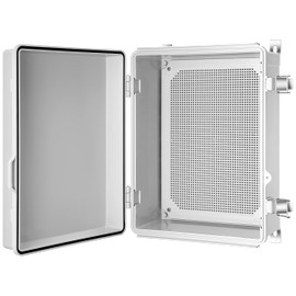 Gratury Junction Box, IP67 Waterproof Plastic Enclosure for Electrical Project, Hinged Grey Cover, Includes Mounting Plate and Wall Bracket 410×310×180mm (16.1"x12.2"x7.1")