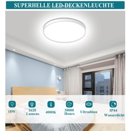 Ouyulong Ceiling Light LED 18 W LED Ceiling Light 4000 K Round Ceiling Light IP44 Ceiling Light LED for Living Room Bedroom Bathroom Kitchen Bathroom Cellar Balcony Ultra Thin Diameter 23 cm (1)
