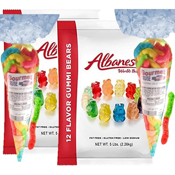 Albanese 12 Flavor Gummi Bears (2- 5lb bags) Plus (2-10oz) Sour Worms Gummy Bears Gourmet Kruise Signature Gift Bags (NET WT 180 OZ) 2 Item Bundle