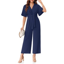 Cicy Bell Women's Elegant V Neck Jumpsuits Dressy Casual Short Sleeve Wide Leg Long Pants Rompers