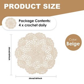 Aernajialin 4 PCS Vintage Crochet Doilies 8 Inches Round Cotton Coasters Handmade Lace Placemats Crafts Tables Food Bulk Doily Cloth Set for Wedding Birthday (Beige)