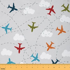 Feelyou Tela colorida de aeronaves por The Yard, mapa de ruta aérea de avión, tela de tapicería temática de destino para proyectos de bricolaje en el hogar, líneas punteadas, tela impermeable decorativa, 1 yarda