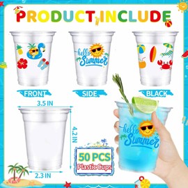 VDESFUEBY 50 Summer Pool Party Cups, 12 oz Hello Summer Party Decorations Disposable Clear Plastic Party Cups for Beach Ball Hawaiian Luau Holiday Party Drinkware Beverage Ice Cream