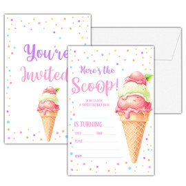 seclate Ice Cream Birthday Invitations, 25 Double-Sided Invitation Cards with 25 Envelopes, Summer Party Decoration Supplies - C06