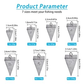 Pyramid Fishing Sinker Weights Kit Tangle Free Lead Fishing Weights with Ring Surf Fishing Tackle Gear 1oz 2oz 3oz 4oz 5oz 6oz 8oz