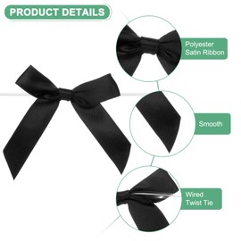 M METERXITY 100-Pack Satin Ribbon Twist Tie Bows, 2.4x2.8 Inch Bow Twist Ties, Satin Ribbon Bows for Craft DIY/Baked Goods/Hair Bow Sewing/Wedding/Birthday/Party [Black]