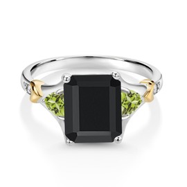Gem Stone King 925 Silver and 10K Yellow Gold Black Onyx and Green Peridot and Diamond Engagement Ring For Women (3.51 Cttw, Emerald Cut 10X8MM, Trillion 3.5MM) (Size 7)