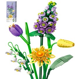 Wealrotn Artificial Flowers Construction Set Flowers Plants Bouquet Fake Flowers for Decorations, Decoration Flower Purple Adults for Home Gift, DIY Gifts Brick Flowers