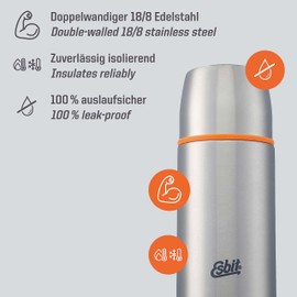 Esbit Edelstahl Isolierflasche Classic 1000 ml - für warme und kalte Getränke - Edelstahl Thermoflasche mit 2 Bechern