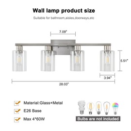 SOPEAS 4 Light Bathroom Light Fixtures, Brushed Nickel Modern Bathroom Vanity Light with Clear Glass Shade, Bathroom Lighting Fixtures Over Mirror, Vanity Lights for Bathroom Mirror