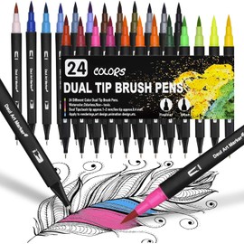 Dual Brush Pen Set, 24 Colours Double Fibre Tip Felt Tip Pens, Water-based Watercolour Pens for Watercolour, Watercolo Bullet Journal, Hand Lettering, Calligraphy, Manga Colouring Books, with Fibre