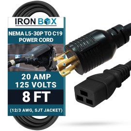 IronBox NEMA L5-30P Plug to C19 Connector Power Cord - 20A, 125V, 12/3 AWG SJT - UL Listed Plug and Power Cords - Heavy Duty Power Supply Cables for Monitor, Computer PSU, Data Centers, & More (8 ft)