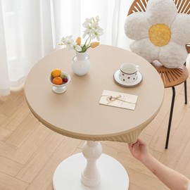 Huierxun Round Fitted PU Tablecloth with High Elastic Edge 63 Inch Dia Waterproof Oil Proof Table Cloth Anti-Scald Stain-Resistant Wipeable Table Cover for Indoor Outdoor Picnic (Beige,63" Dia)