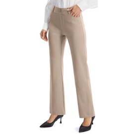 AFITNE Women's Yoga Dress Pants Stretchy Straight Leg Bootcut Work Travel Pants Business Office Casual Slacks with Pockets 31" Khaki, L