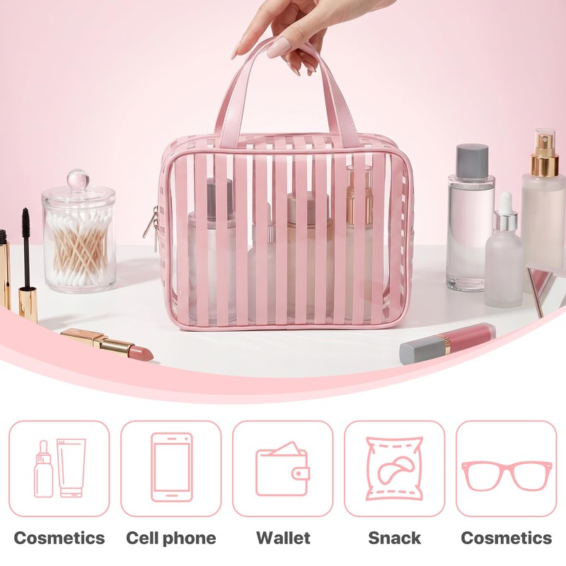Edelefas Clear Pink Striped PVC Makeup Bag, Large 10.2 x