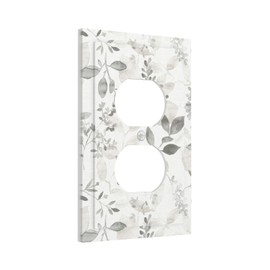 White Gray Grey Eucalyptus Leaf Floral 1 Gang Device Electrical Duplex Outlet Plate Covers Decorative Single Duplex Wall Plate Receptacle Light Switch Cover Switchplate