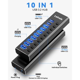 Powered USB Hub 3.2, LEINSIS 10-Port USB 3.2/USB C Hub (10Gbps USB-A 3.2 +2 USB-C 3.2 +7 USB 3.0 Ports) with Individual On/Off Switches and 12V Power Adapter, Aluminum USB Hub Powered for Laptop PC