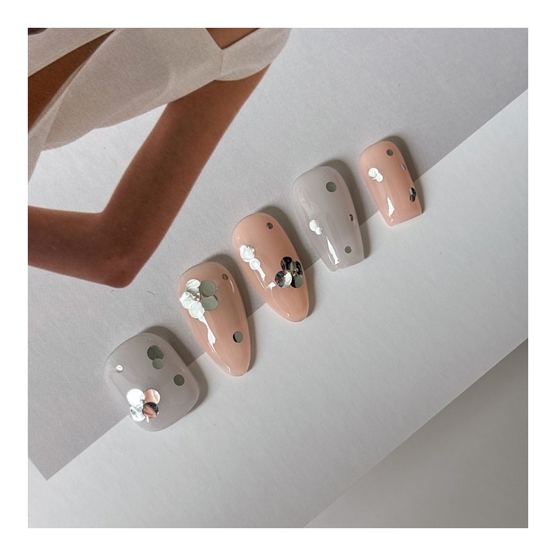 Circular Glitter Sequin Flower Handmade Nail Tips - Square-Short /