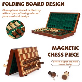 Magnetic Wooden Chess Set for Kids and Adult - 2 Extra Queens - 13.5 Inches Folding Chess Board - Magnetic Chess Pieces Storage Slots, Portable Travel Chess Game for Tournament Professional Beginner