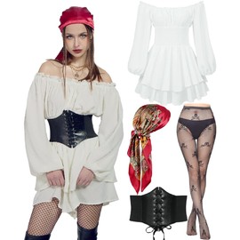 kasahara Pirate Costume Women's Set Medieval Sexy Pirate Off Shoulder Jumpsuit Outfit with Corset, Stocking, Headscarf, Carnival Full Fancy Dress Costume (White, XL)