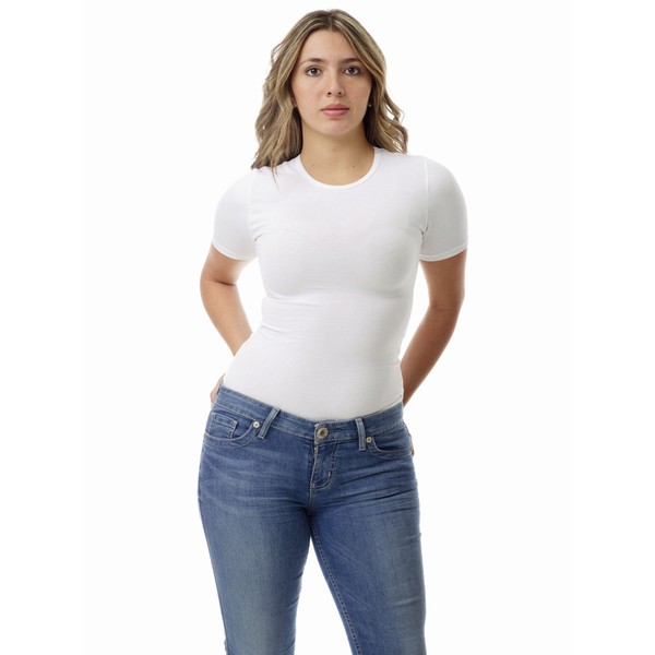 Underworks Women's Ultra Light Cotton Spandex Compression Crew Neck T-Shirt, Large, White